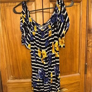 Maurices Navy Blue White Floral Stripe Top with Yellow Accents